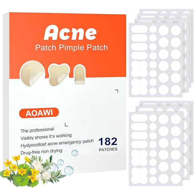 Acne hydrocolloid Patches, 4 sizes and 3 shapes with 182pcs, The innovative size L suitable face, body, nose, Pimple, Acne blemishes, with Salicylic Acid, Tea Tree Oil, Centella Asiatica