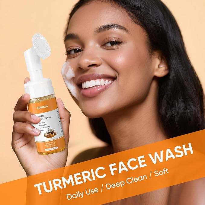 Turmeric Face Wash with Brush,Turmeric Facial Cleanser Foam,Foaming Face Cleanser,Deep Cleansing face Wash for All Type,3.38 fl.oz/pc