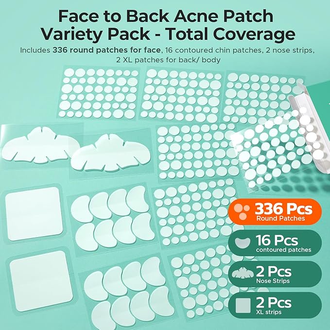 TKTK Pimple Patches for Face, 6 Sizes Hydrocolloid Acne Patch Variety, Large Acne Stickers for Cheeks, Forehead, Chin, Nose, Back Blemishes Zit Breakouts (4 Shapes 356 Count)