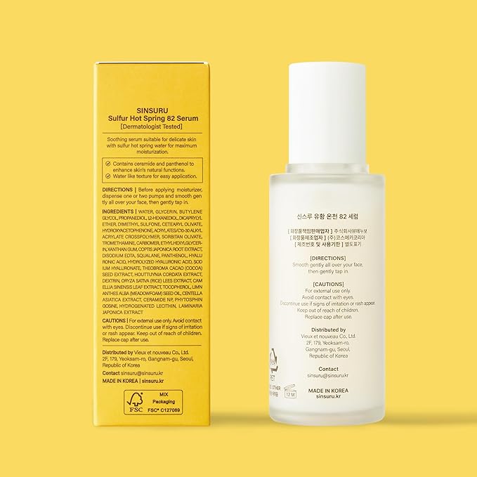 Sulfur Hot Spring Water 82% Soothing Serum with Ceramide, Panthenol, Hyaluronic acid, Hydrating, Glass skin, Non comedogenic, for Dry Skin, Acne-Prone, Korean Skin Care (1.79 fl.oz. 53ml)