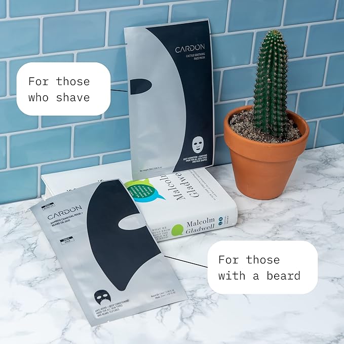 Cardon Face Mask for Bearded Men | Korean Sheet Mask for Men | Bamboo Charcoal Facial Mask and Beard Oil | 4-Pack