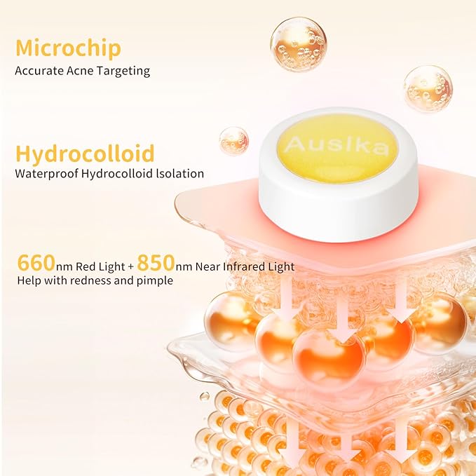AUSLKA Light Therapy Pimple Patch, LED Red Light Hydrocolloid Zit Patches, Spot Dots for Blemishe, 6-Packs, Use 6-8 hours (Yellow, Reduces Red&Black Pimple Marks)