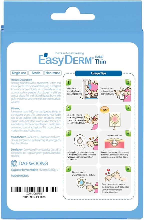 Easyderm Thin Hydrocolloid Large Wound Dressing 4”x4” 3Pack (6 Dressings) Waterproof, Latex Free, Highly Absorbent Dressing for Burns, Blisters, Acne Care and Wound Healing with Mini Scissor
