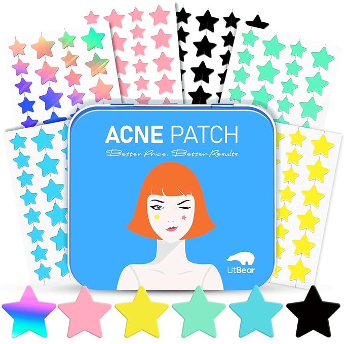 LitBear Acne Pimple Patch, 6 Colors 168 Dots Star Pimple Patches with Tea Tree Oil & Centella Oil, Hydrocolloid Acne Patches for Face Cute Zit Patches Pimple Stickers Acne Dots