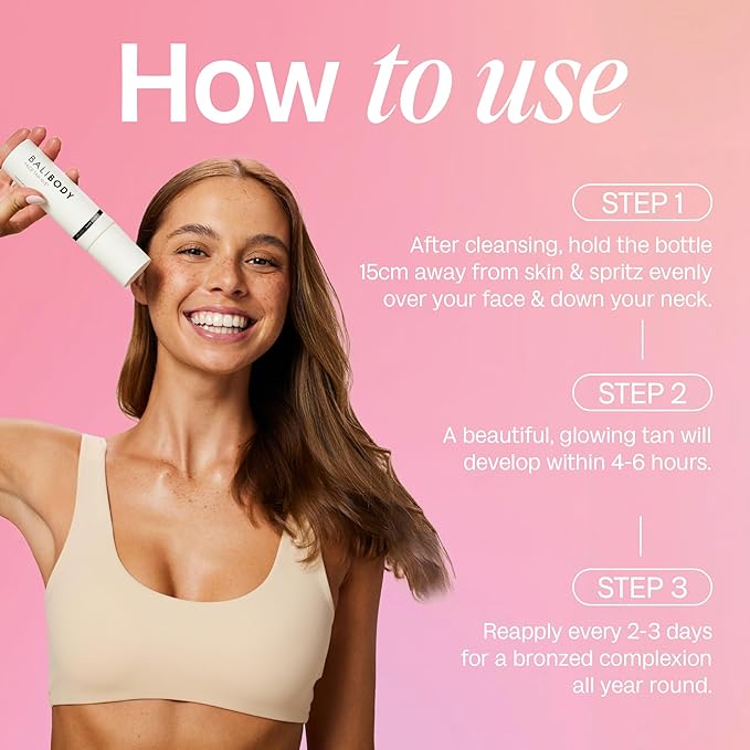 Bali Body Face Tan Mist - Ultra Dark | Self Tanner Spray with Hyaluronic Acid | Sunless Tanning Solution for Natural Glow | Quick-Dry, Streak-Free Formula | Vegan & Cruelty-Free (100 ml/3.4 fl oz)