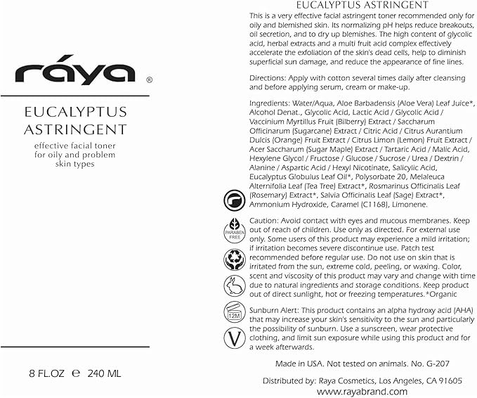RAYA Eucalyptus Astringent with AHA 8 oz (G-207) | Exfoliating Glycolic Facial Toner for Oily and Break-Out Skin | Helps Balance pH and Dry Up Blemishes | Made with Alpha Hydroxy Acids