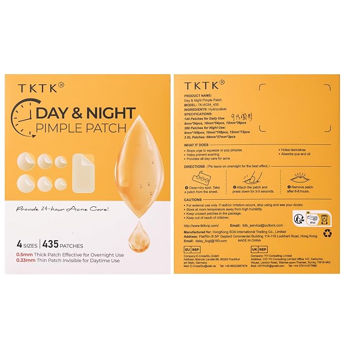 TKTK Bulk Pimple Patches for Face, 435 Patches 4 Size Acne Patches Day and Night, Hydrocolloid Patch Thin & Thick Pimple Stickers for Covering Zits, Blemishes and Breakouts