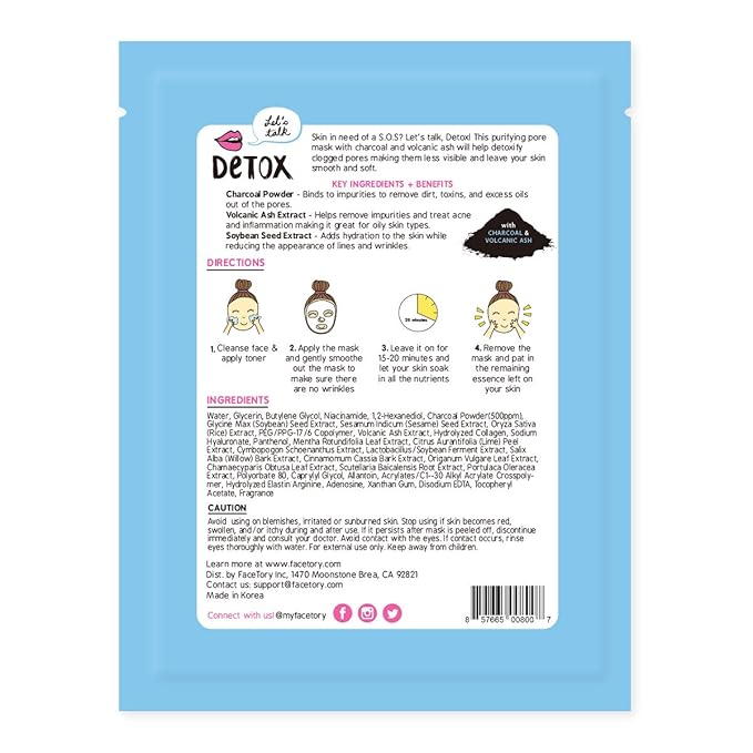 FACETORY K Beauty Face Mask Skin Care - LET'S TALK DETOX PURIFYING Sheet Mask with Charcoal & Volcanic Ash | Pore Refining Charcoal Face Mask (5 Pack)