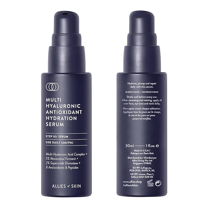 Allies of Skin Multi Hyaluronic Antioxidant Hydration Serum: Niacinamide, Vitamin E, Astaxanthin, Superoxide Dismutase. Anti-Aging. Intensely Hydrates, Brightens & Strengthens Skin 1 oz / 30 ml