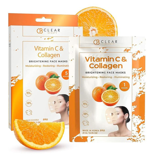 Vitamin C & Collagen Face Mask - Dermatologist Tested, Diminishes Fine Lines & Wrinkles, Anti-Aging, Natural Ingredients Cruelty-Free Korean Skin Care, All Skin Types - 4 Pack