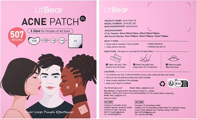 LitBear Pimple Patches for Face, Large Acne Patch, XL Hydrocolloid Bandages,Zit Stickers for Forehead, Chin, Nose, Body, Back, and Chest, Includes Crescent, Square, and Dot (5 Sizes, 507 Patches)