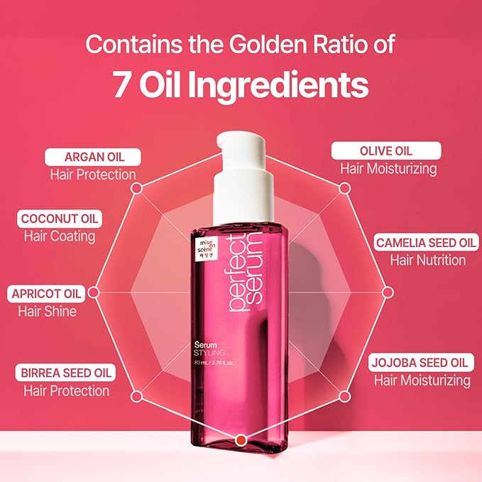 Mise En Scene Perfect Styling Serum for Heat Damage Protection - Hair Serum for holding Bounce, Hair Essence for Long Lasting Curl, Powdery Scent, with Argan Oils, 2.70 fl. Oz