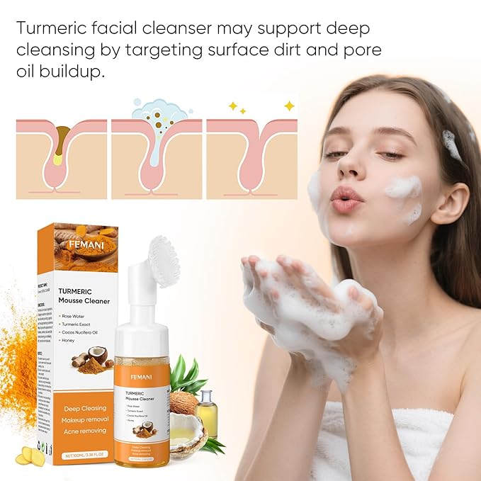 Turmeric Face Wash with Brush,Turmeric Facial Cleanser Foam,Foaming Face Cleanser,Deep Cleansing face Wash for All Type,3.38 fl.oz/pc