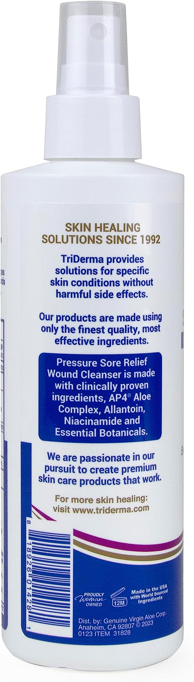 TriDerma Pressure Sore Relief Wound Cleanser, Gentle Cleansing for Bed Sores, Ulcers, Pressure Sores, Wounds and Hard-to-Heal Skin Sores with AP4 Aloe Vera and Niacinamide, Fragrance Free 8.2 oz Spray