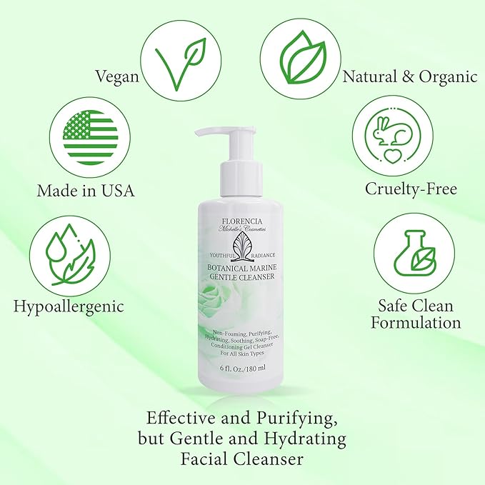 Florencia Botanical Marine Gentle Cleanser - Non-Foaming, Soap-Free, Hydrating Oil-Free Face Wash for Dry to Normal Skin - With Marine Algae & Organic Botanicals - Sensitive Skin, 6 oz