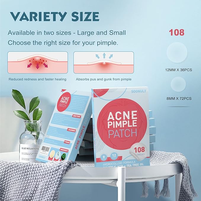 Pimple Patches for Face - 108 Hydrocolloid Acne Pimple Patches Salicylic Acid with Tea Tree Oil for Zit Blemish Spot Covers Invisible Pimple Stickers Not Tested on Animals