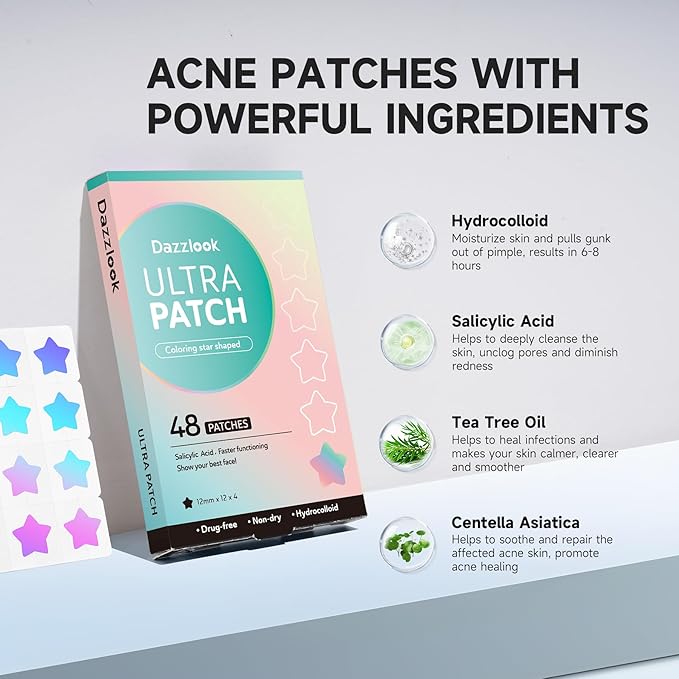 Cute Blue Star Acne Patch with Salicylic Acid, Hydrocolloid Pimple Stickers Iridescent Colors 48 Pcs, Fashion Zits Blemishes Breakouts Patches