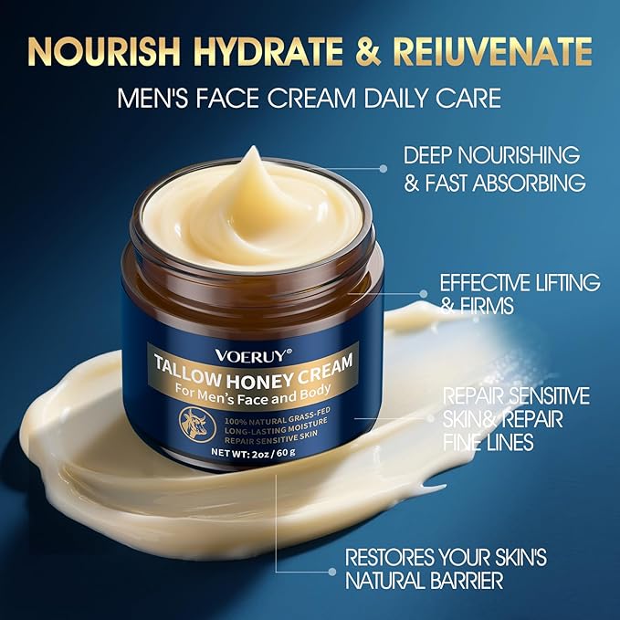 Tallow Balm for Skin, Men's Face Moisturizer Cream with Raw Honey for Reduce Wrinkles, Natural Grass-Fed Tallow Moisturizer for Face and Body, Organic Tallow for All Skin Types, 2oz/60g