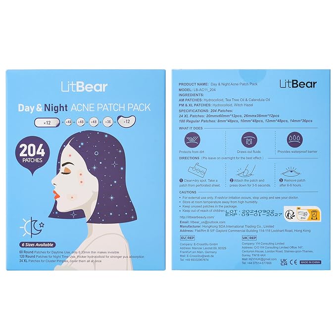 LitBear Acne Pimple Patches- Day and Night 6 Sizes 204 Dots Thin & Thick Hydrocolloid Patches with Witch Hazel, Tea Tree & Calendula Oil, Extra Adhesion for Face Zit Patch Dots