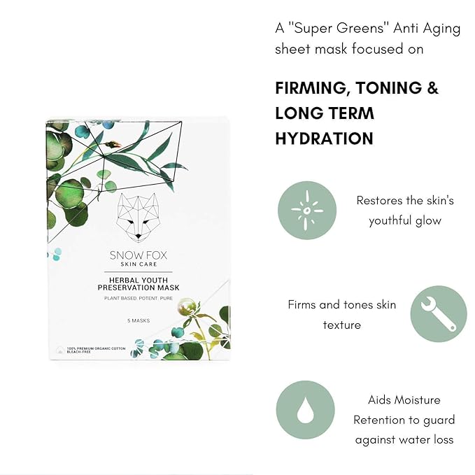 Snow Fox Herbal Youth Mask – 1 Pack Anti-Aging, Hydrating and Firming Mask with Super Greens Herbs that Boost Collagen and Elasticity Production for a Radiant Youthful Glow