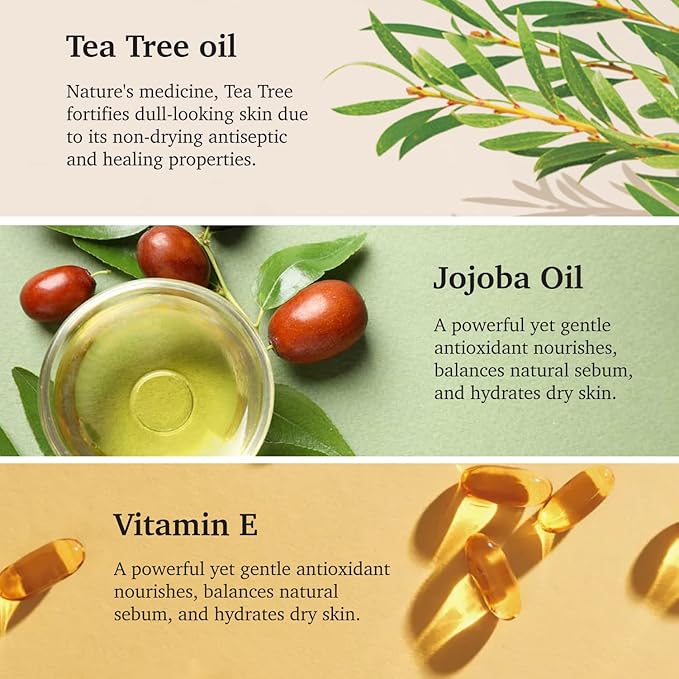 100% NATURAL TEA TREE OIL Vegan Facial Serum for Sensitive Oily Skin Acne Prone with Vitamin E Jojoba Oil Gua Sha 30ml Glass skin Clear Care Non-Greasy and Fast Absorbing Formurla PURIFECT MADE IN USA
