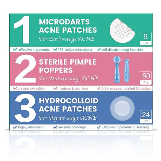 3-Step Microdart Pimple Patches Set – 83 Count, including 9 Microdarts Pimple Patches, 50 Pimple Poppers, and 24 Hydrocolloid Patches