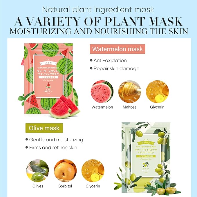 20 Pack Sheets Face Masks Skincare for All Skin Types, Hydrating Facial Masks, Watermelon, Aloe Vera, Peach, Oil Contral, Bulk Facial Mask for Women, Moisture Face sheet Masks for Spa