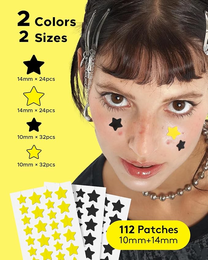 LitBear Acne Patch Pimple Patch, Black & Yellow Star Shaped Acne Absorbing Cover Patch, Hydrocolloid Acne Patches For Face Zit Patch Acne Dots, Tea Tree Oil + Centella, 112 Patches, 14mm & 10mm