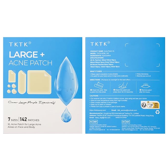 Large Acne Patches for Face, 7 Sizes Big Pimple Patches, XL Hydrocolloid Bandages for Body, Chin, Forehead, Nose, Back Blemish Zit Breakouts, Hydrocolloid Patch (Square, Strip, Dot 142 Count)