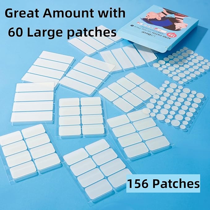 LitBear Large Pimple Patches, 5 Sizes 156 Patches Big Acne Patch, 60 XL Hydrocolloid Patch for Full Face, Forehead, Chin, Nose, Body, Back, Neck & Chest, Stirp, Square Large Hydrocolloid Bandages