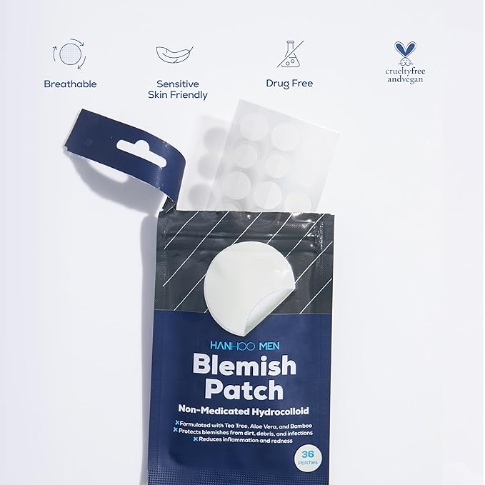 Hanhoo Men’s Blemish Patch, 36 Count, with Tea Tree, Aloe, and Bamboo, Acne Spot Treatment, Soothes Skin, Invisible Pimple Patches, Korean Skincare