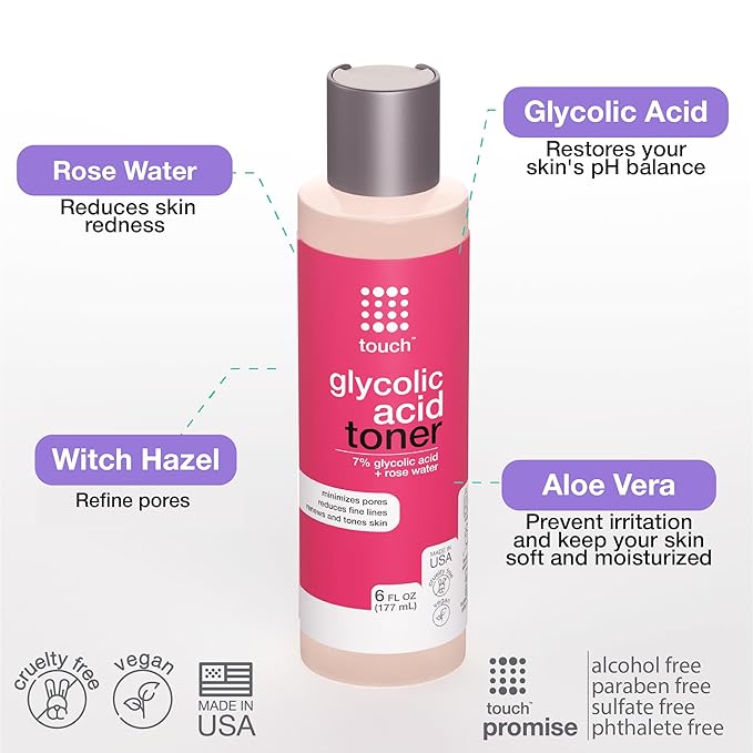 7% Glycolic Acid Toner with Rose Water, Witch Hazel, and Aloe Vera Gel – Alcohol & Oil Free Exfoliating AHA Face Toner – Improves Wrinkles, Dullness, Pores, Skin Tone & Texture, 6 oz.