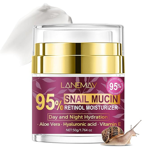 95% Snail Mucin Retinol Cream, Snail Repair Cream for Improving Fine Lines & Dryness, Skin Elasticity, Day and Night Hydration with Aloe Vera, Hyaluronic and Vitamin E, 1.76 Oz