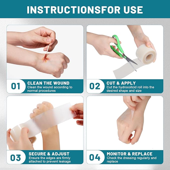 WUYUAN Hydrocolloid Roll for Wound Care, 4in*6.6ft Hydrocolloid Bandages with Self-Adhesive, Extra Large Hydrocolloid Patch Bandages Cut-to-Size, Ultra Absorbent, Waterproof