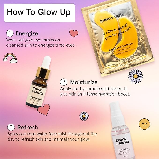 grace & stella Award-Winning Skin Care Set - Birthday Gifts for Women - Travel Essentials with Gold Eye Masks, Hyaluronic Acid Serum & Rose Spray - Bachelorette Party Favors, Teen Girl Gifts - Vegan