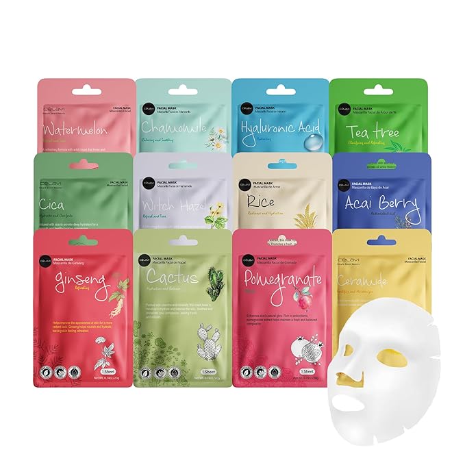 Celavi K-Beauty Skincare Essence Facial Face Mask Korea Skin Care Moisturizing C Set 12 Pack
