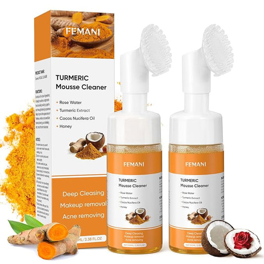 2Pcs Turmeric Face Wash with Brush,Turmeric Facial Cleanser Foam,Foaming Face Cleanser,Deep Cleansing face Wash for All Type,3.38 fl.oz/pc