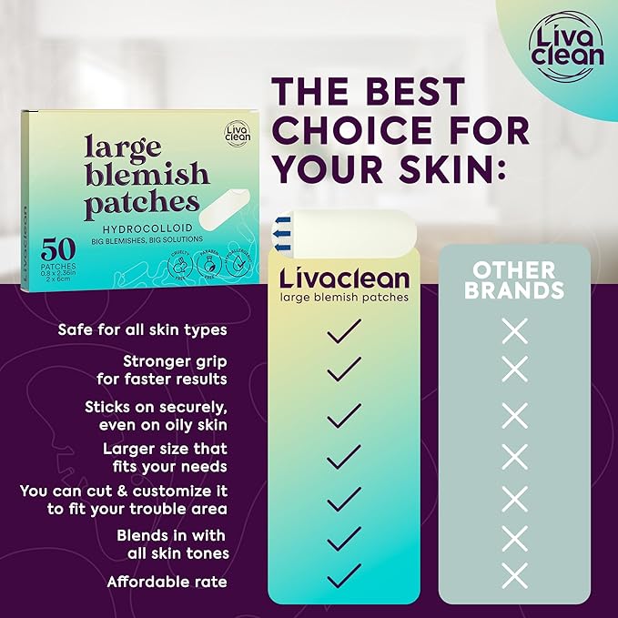 LivaClean LC πππ ππ, π ππππ€ Large Hydrocolloid Acne Patches - for Pore Spots Nose Face Cystic Pimple Zit Patch - Big Pimple Patches Hydrocolloid Bandages Strips Stickers Patch XL Large Acne