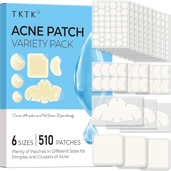 TKTK Pimple Patches for Face, 6 Sizes Hydrocolloid Acne Patch Variety, Large Acne Stickers for Cheeks, Forehead, Chin, Nose, Back Blemishes Zit Breakouts (4 Shapes 510 Count)