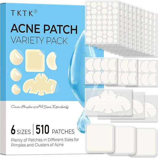 TKTK Pimple Patches for Face, 6 Sizes Hydrocolloid Acne Patch Variety, Large Acne Stickers for Cheeks, Forehead, Chin, Nose, Back Blemishes Zit Breakouts (4 Shapes 510 Count)