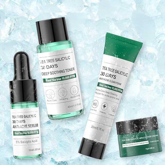 Tea Tree Salicylic Acid Facial Skin Care Set, Travel Size Gift Set Cystic Hormonal Acne Treatment Face Wash Cleanser, Facial Toner Cream Moisturizer Travel Essentials for Pimple Adult Oil Control Kit