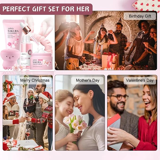 Skincare Set Sakura Teen Girls Gifts - Skin Care Set - Skincare for Teens 10-12 Hydrating - Travel Size Facial Kit for Women with Cleanser,Serum,Cream,Bunny Headband,Cleansing Brush(5pcs)