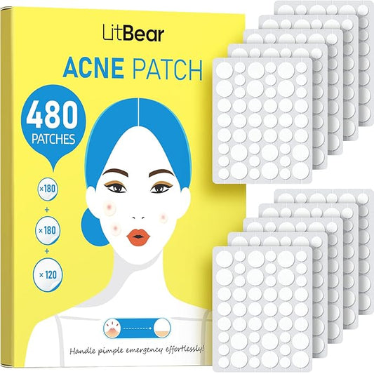 LitBear Pimple Patch Bulk, 480 Patches 3 Size Acne Patches for Face, Hydrocolloid Spot Stickers for Covering Zits, Blemishes, and Breakouts, Suitable for All Skin Types