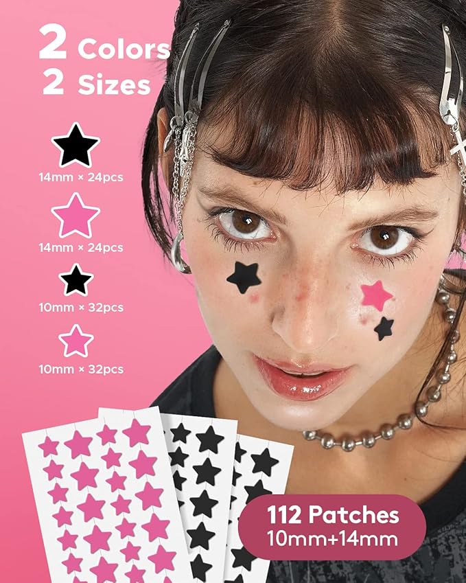 LitBear Star Pimple Patches, Black & Pink Hydrocolloid Acne Patch with Tea Tree Oil & Centella, Cute Pimple Stickers Zits Patch For Face Blemished Spot Patch Acne Dots, 112 Patches, 14mm & 10mm