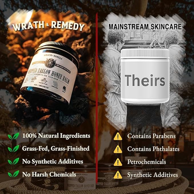 Wrath & Remedy Handmade Whipped Organic Beef Tallow for Skin - 4 OZ (3-Pack) — Grass Fed Beef Tallow Moisturizer and Honey Balm for Silky, Sensitive-Skin, Eczema, Rosacea - Free of Harsh Chemicals