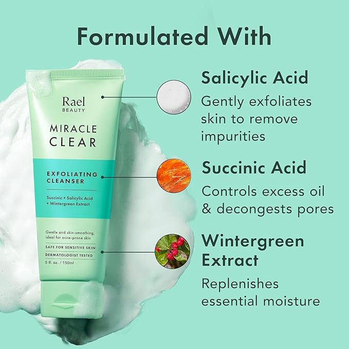 Rael Miracle Clear Face Wash – Gentle Exfoliating Cleanser with Succinic Acid & Minerals, Hydrating Formula for Daily Use, Ideal for Acne-Prone, Dry, Sensitive & Oily Skin, Vegan (5 fl oz)