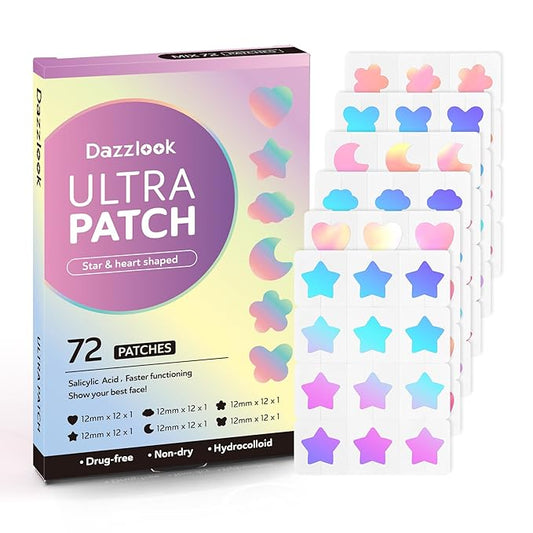 Cute Star Acne Patch with Salicylic Acid, Mix Shapes Hydrocolloid Pimple Stickers Iridescent Colors 72 Pcs, Fashion Zits Blemishes Breakouts Patches