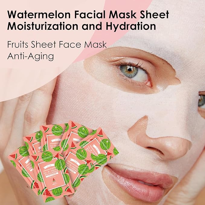 10 Pack Fruits Sheet Face Mask, Watermelon Refreshing Mask SkinCare, Moisturizing Face Mask, Leaves Skin Smoother Looking Hydration With Antioxidants Natural Vegan for All Skin Types