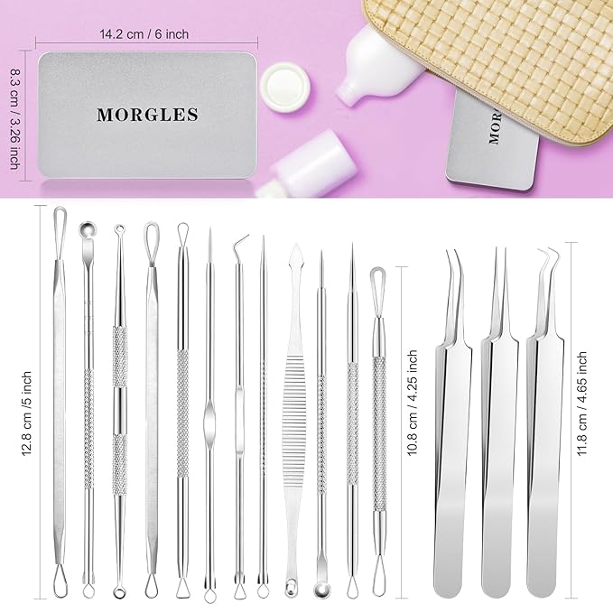 MORGLES 15 Pcs Pimple Popper Tool Kit, Stainless Steel Blackhead Remover Comedone Extractor Tools with Metal Case for Blemish, Acne, Zit, and Whiteheads for Face & Nose