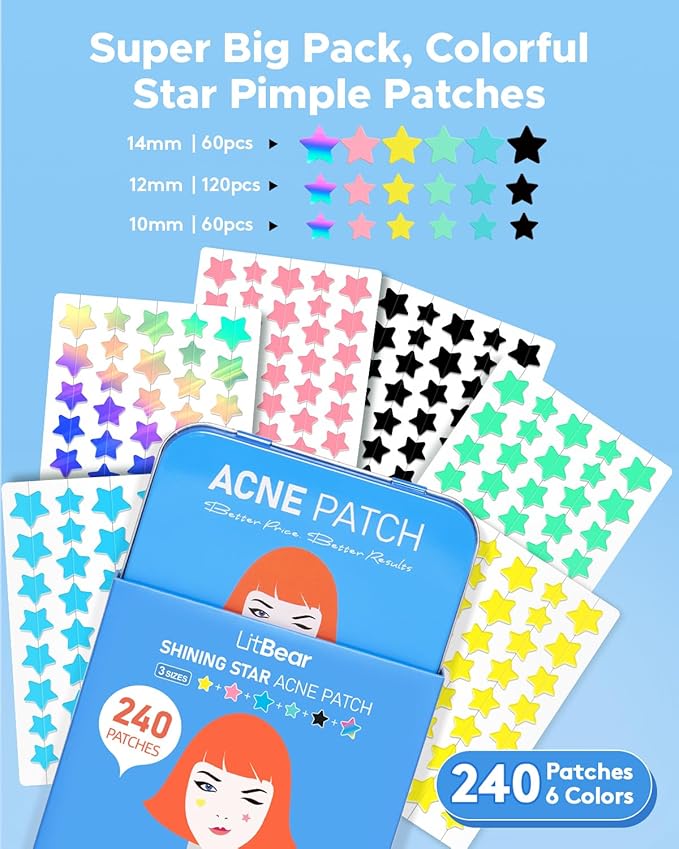 LitBear Acne Patch Pimple Patch, 6 Colors 240 Dots Star Pimple Patches with Tea Tree Oil & Centella Oil, Hydrocolloid Acne Pimple Patches for Face Cute Zit Patches Pimple Stickers Acne Dots